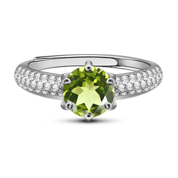 Elegant Luminous Natural Round Green Peridot Sterling Silver Pave Ring